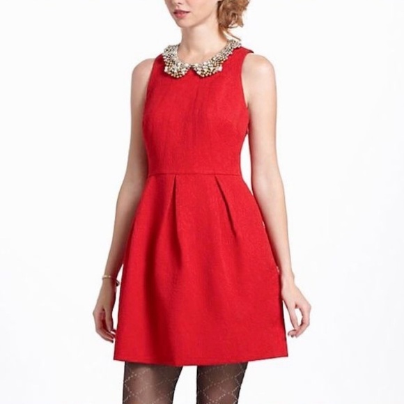 ANTHROPOLOGIE Moulinette Soeurs Red Brocade Dress Red Mini Back Cutout Size 6 - Picture 2 of 14